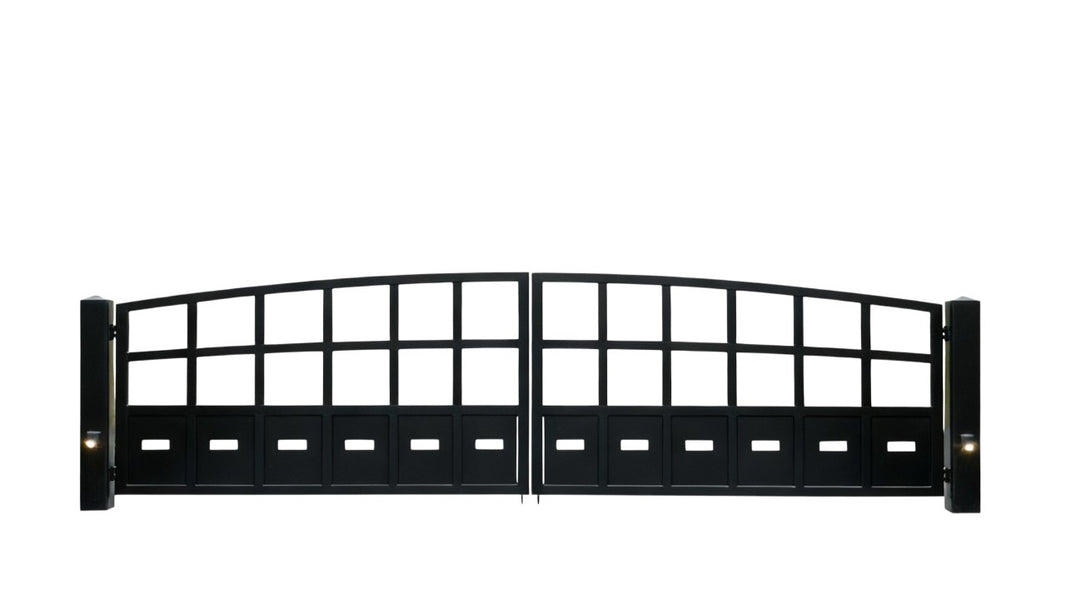 Gridline Crest – Arched Top Dual-Texture Steel Driveway Gate Model # DWG173