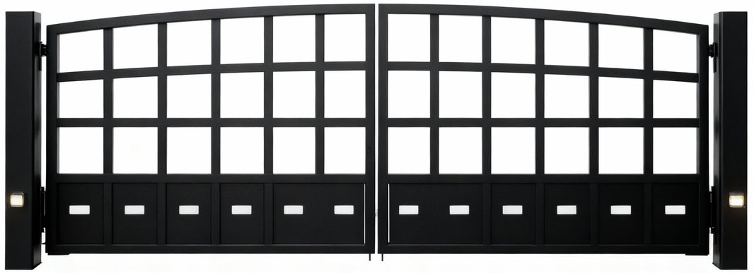 Gridline Crest – Arched Top Dual-Texture Steel Driveway Gate Model # DWG173