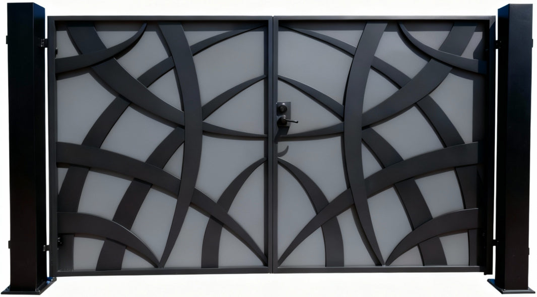 Arcweave Axis – Modern Metal Gate with Curved Overlay & Vertical Slats Model # DWG180
