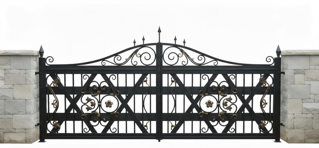 Imperial Crest – Gold-Accented Scrollwork Wrought Iron Driveway Gate Model # DWG182