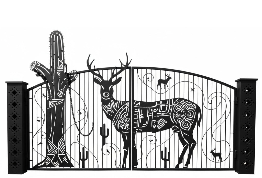 Desert Sentinel – Wrought Iron Gate with Geometric Deer & Cactus Motifs Model # DWG185