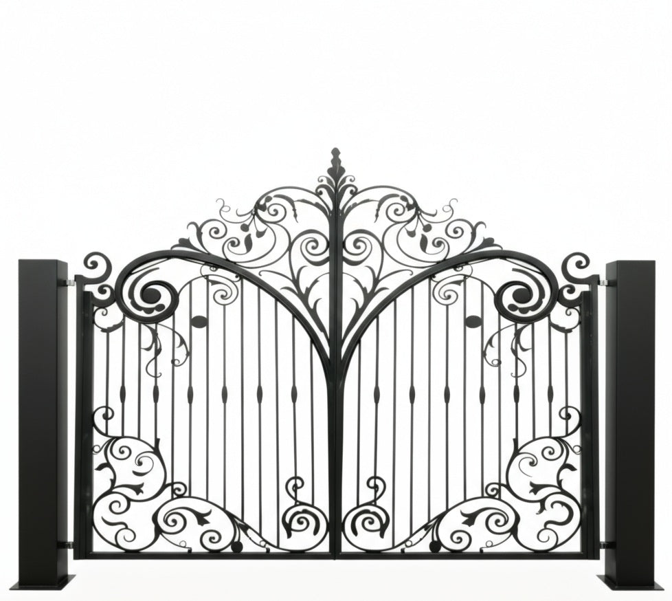 Crestspire Legacy – Wrought Iron Gate with Scroll Arch & Central Emblem Model # DWG193