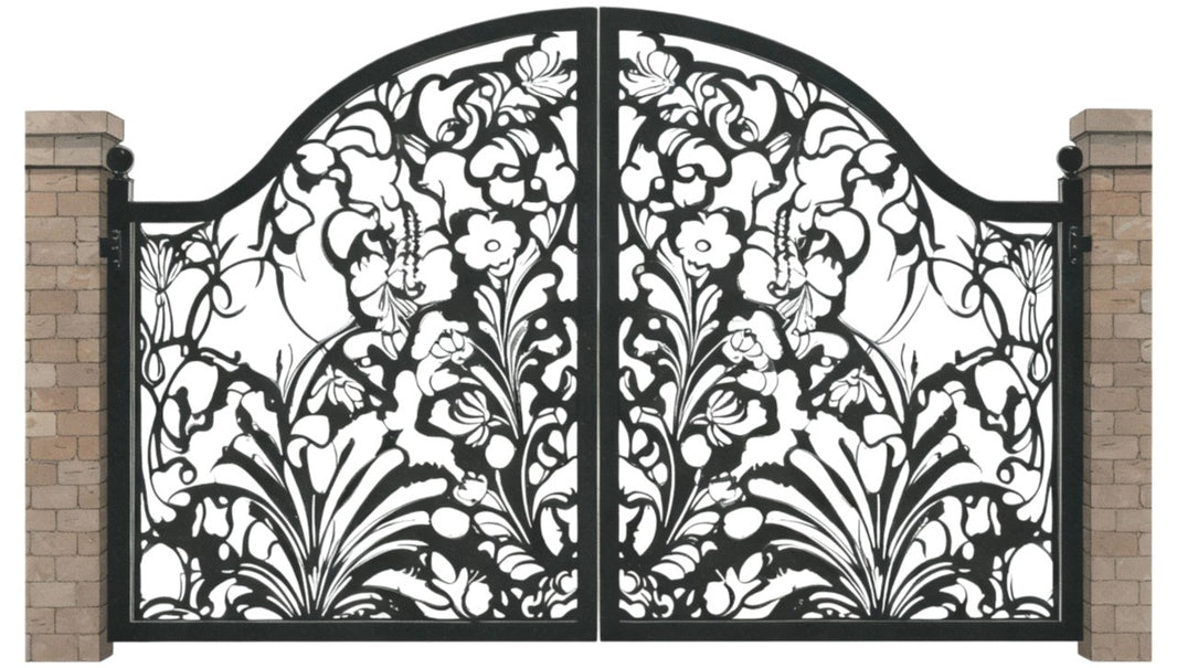 Roselace Arbor Gate – Ornate Wrought Iron Gate with Floral Scrolls & Curved Arch Model # DWG194