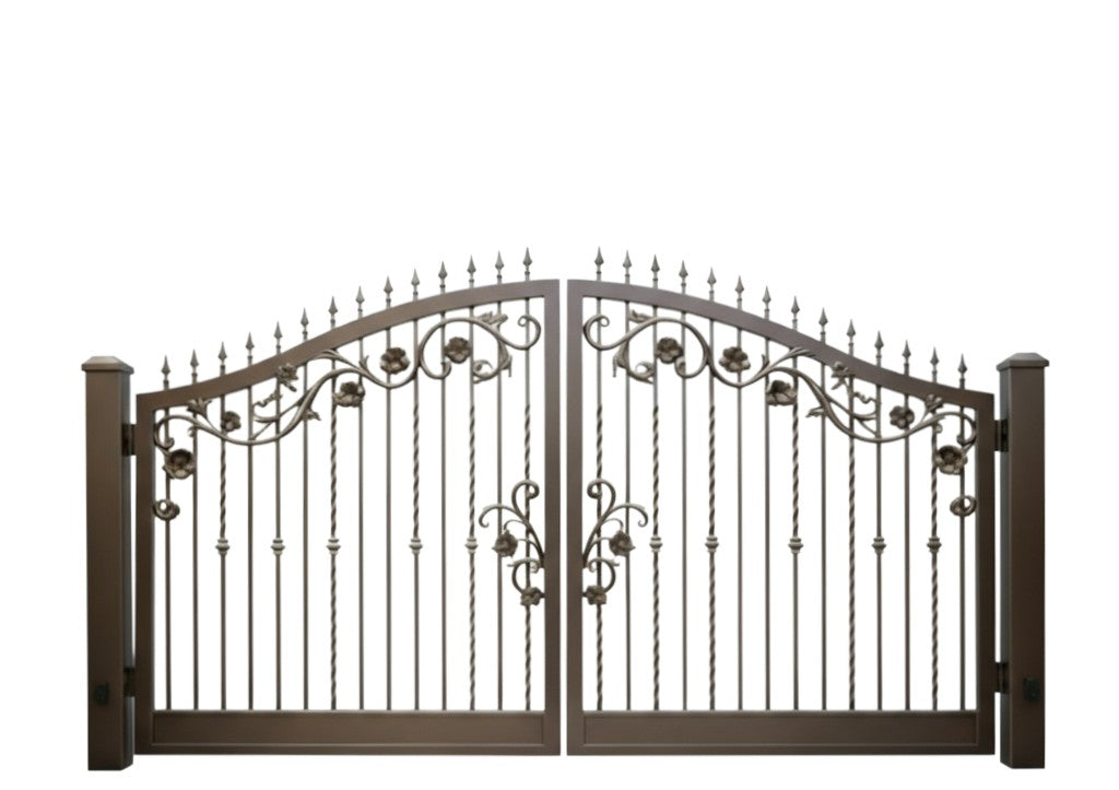 Twistspire Elegance – Wrought Iron Gate with Arched Finials & Floral Scrollwork Model # DWG197