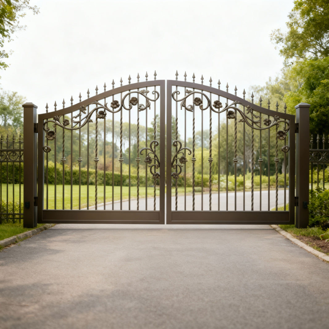 Twistspire Elegance – Wrought Iron Gate with Arched Finials & Floral Scrollwork Model # DWG197