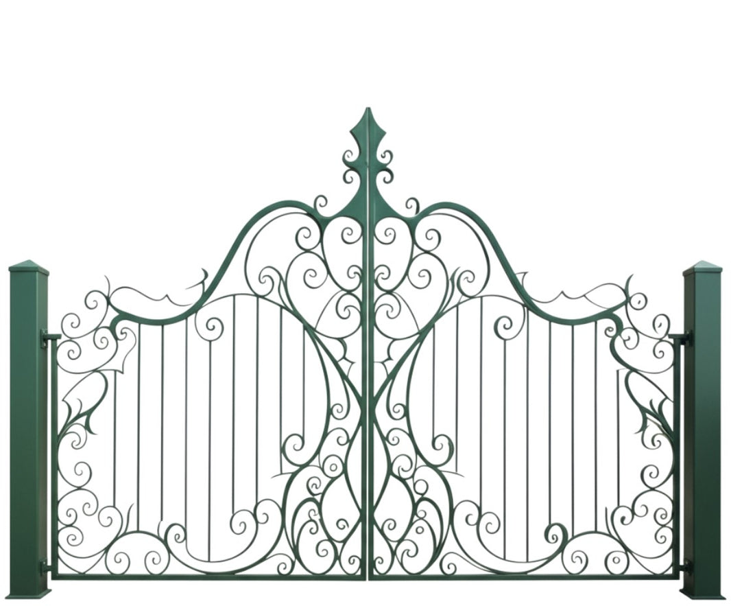 Scroll spire Crest – Wrought Iron Gate with Central Finial & Ornamental Flourishes Model # DWG198