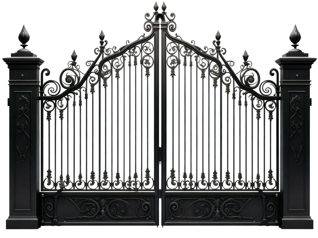 Spear crest Bastion – Ornate Wrought Iron Gate with Finials, Scrollwork & Crest Emblem Model # DWG199