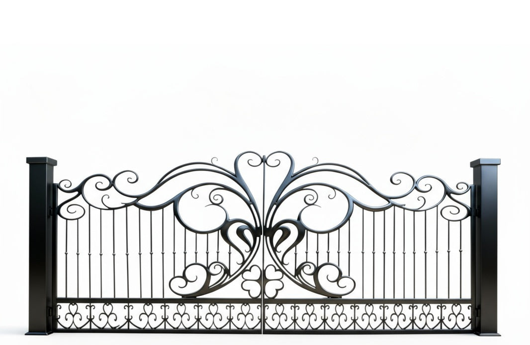 Heart wing Elan – Scroll & Floral Wrought Iron Gate with Black Pillars Model # DWG202