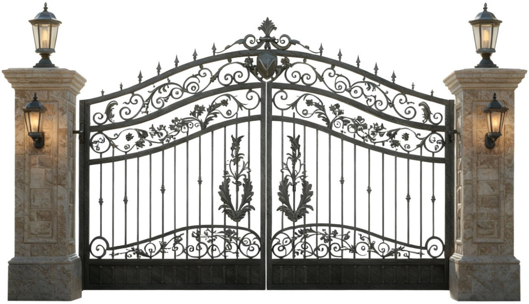 Scroll crest Ornate Wrought Iron Gate with Floral Scrolls Model # DWG410