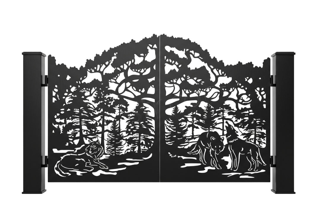 Wolf shade Hollow – Forest & Wildlife Silhouette Wrought Iron Gate Model # DWG486