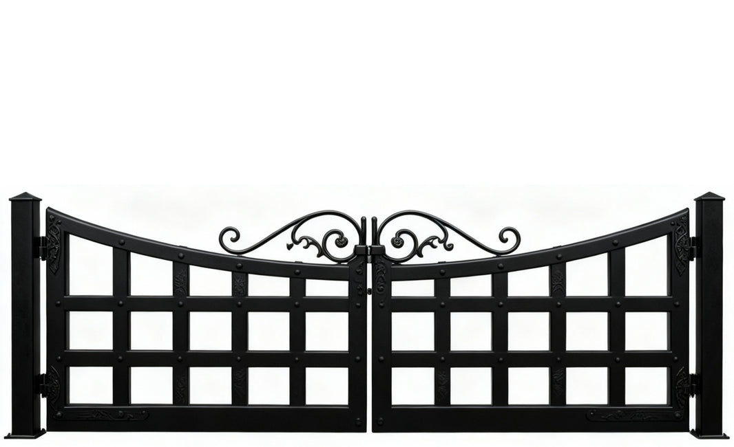 Grid crest Harmony – Scrollwork & Square Grid Wrought Iron Driveway Gate Model # DWG496