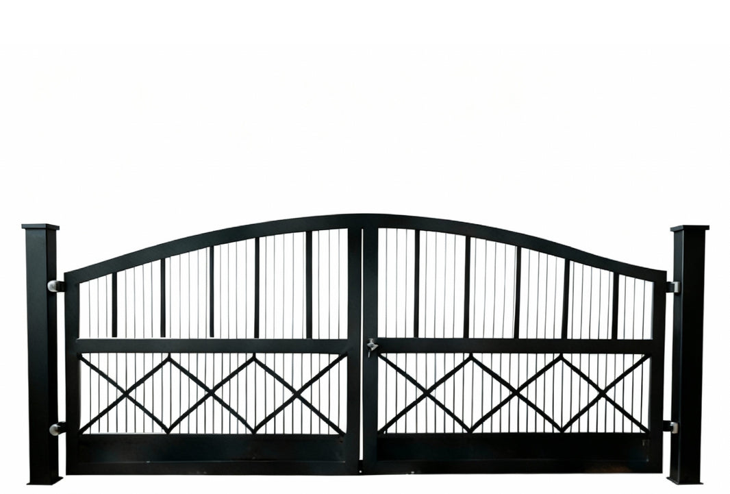 Crossbar Arcadia – Wrought Iron Gate with Crisscross Panels & Arched Top Model # DWG704