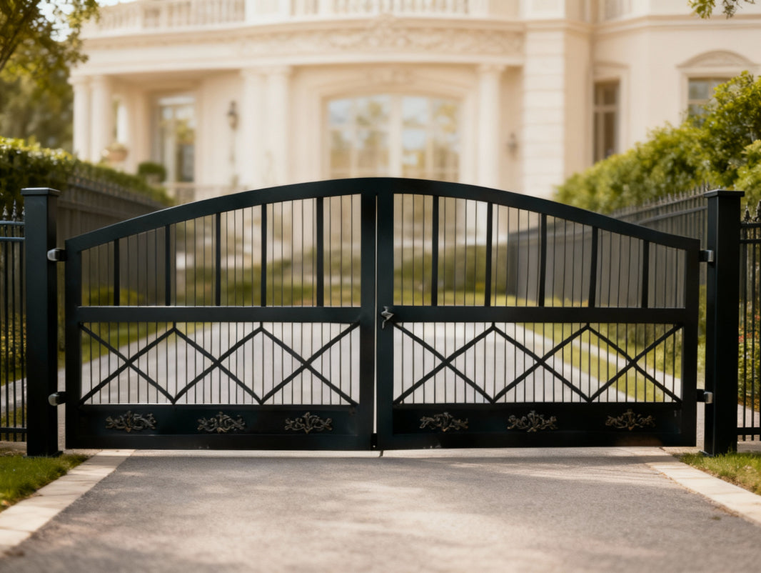 Crossbar Arcadia – Wrought Iron Gate with Crisscross Panels & Arched Top Model # DWG704