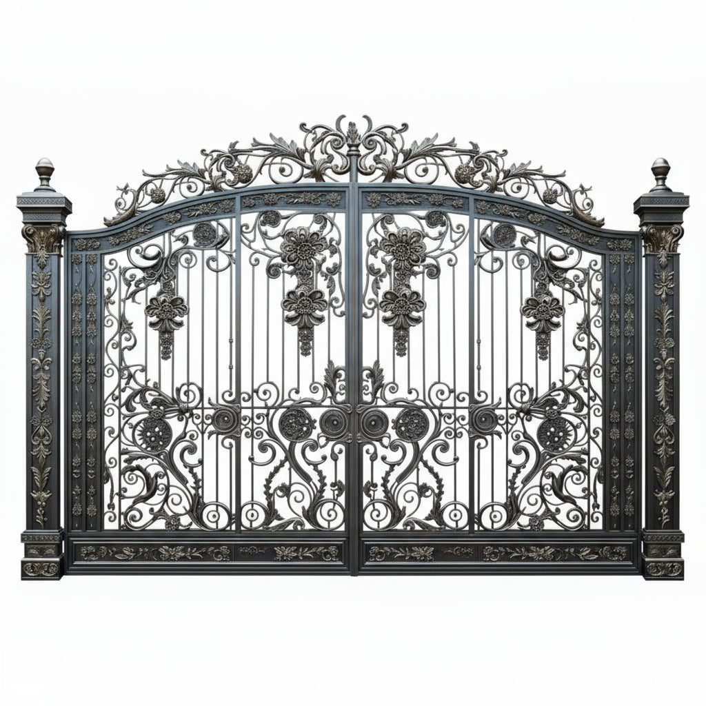 Crestarch Reverie – Wrought Iron Gate with Floral Scroll Panels & Emblem Crown Model DWG706