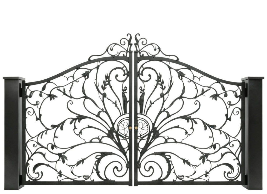 Verdant Scroll gate – Wrought Iron Gate with Leaf Motifs & Arched Scrollwork Model # DWG708