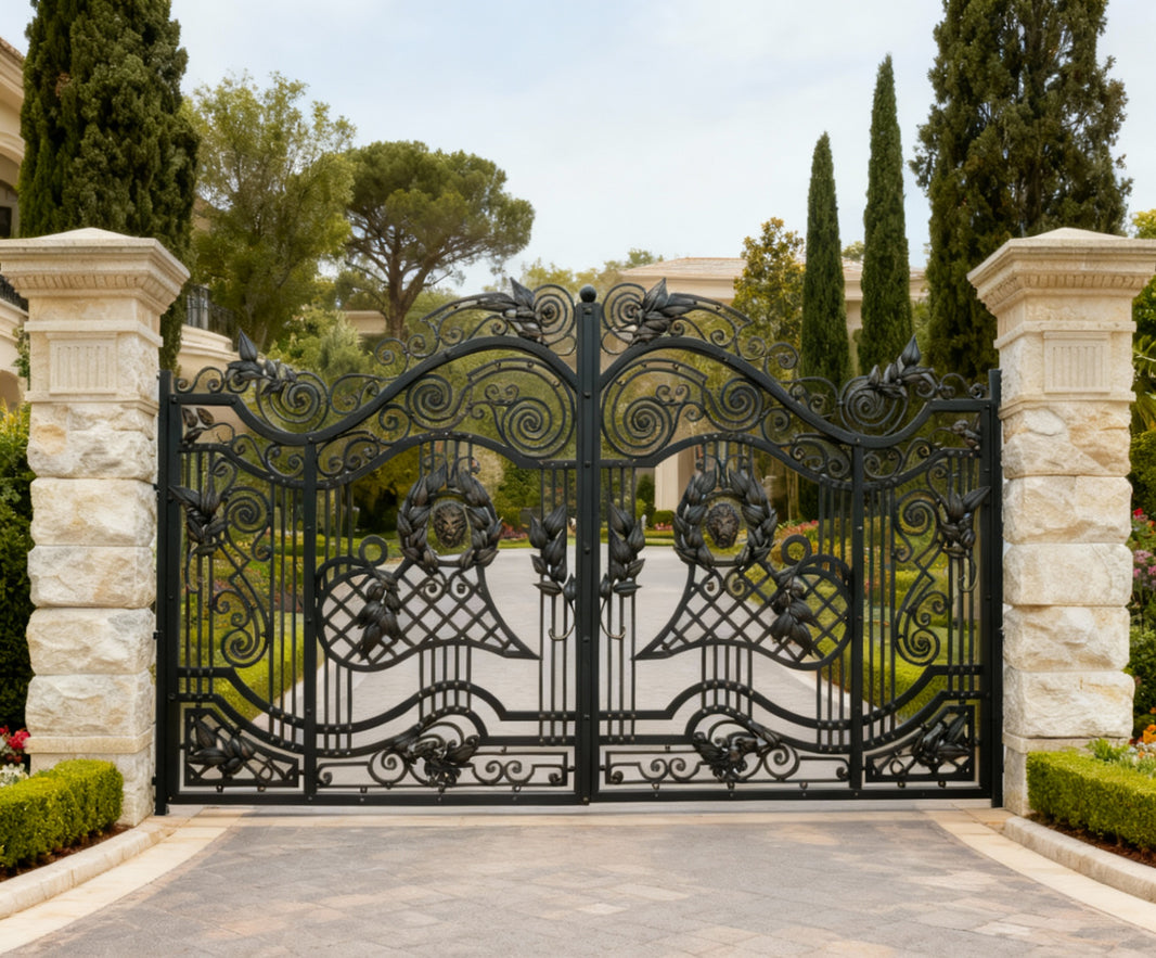 Lion crest Aria – Wrought Iron Gate with Scroll Panels  Model # DWG709