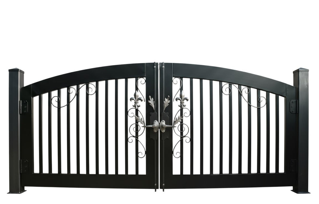 Modern Black Steel Driveway Gate Heavy Duty Dual Swing Entry Gate with Vertical Slats & Arched Top Model DWG710
