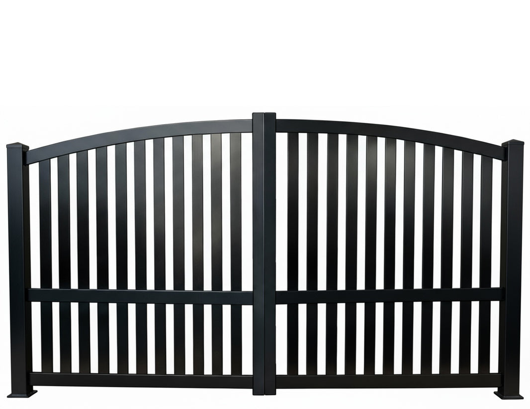 Verti Arc Sentinel – Wrought Iron Gate with Vertical Bars & Gentle Arch Model # DWG711