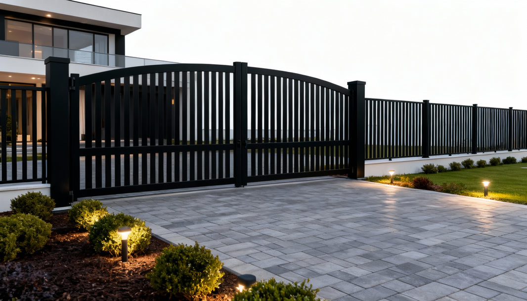Verti Arc Sentinel – Wrought Iron Gate with Vertical Bars & Gentle Arch Model # DWG711