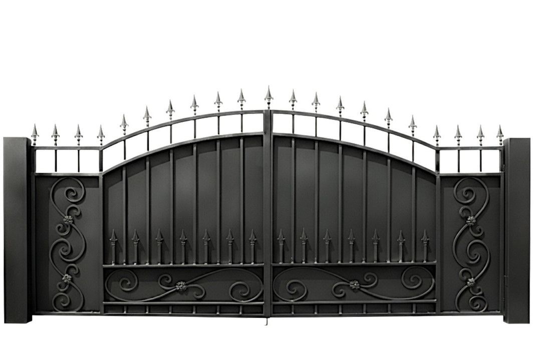 Finial crest Aria – Wrought Iron Gate with Fleur-de-lis Crown & Scrollwork Base Model # DWG7122
