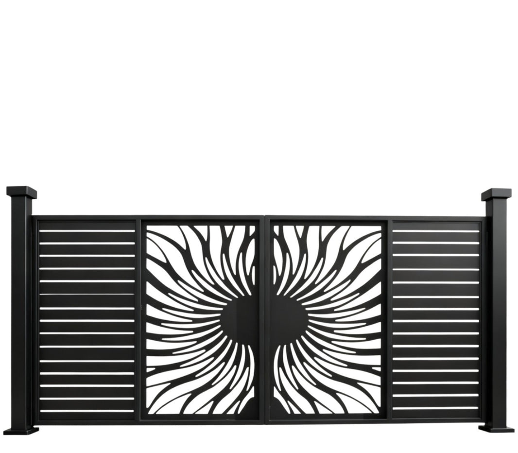 Solflare Axis – Modern Metal Gate with Sunburst Panels & Slatted Wings Model # DWG715
