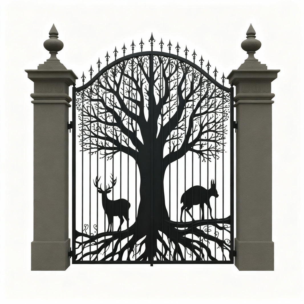 Laser Cut Root spire Gate – Tree of Life Wrought Iron Driveway Gate with Wildlife Silhouettes Model # DWG716