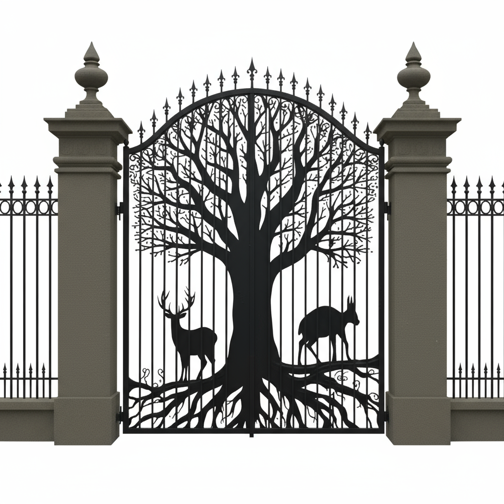 Laser Cut Root spire Gate – Tree of Life Wrought Iron Driveway Gate with Wildlife Silhouettes Model # DWG716