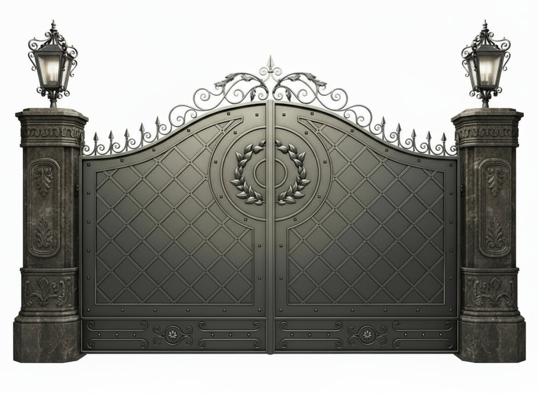 Laurel Crest Royale – Scrollwork & Wreath Motif Wrought Iron Driveway Gate Model # DWG717