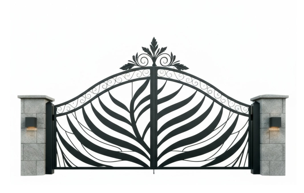 Verdant Crest – Leaf Motif Wrought Iron Gate with Stone Pillars Model # DWG843