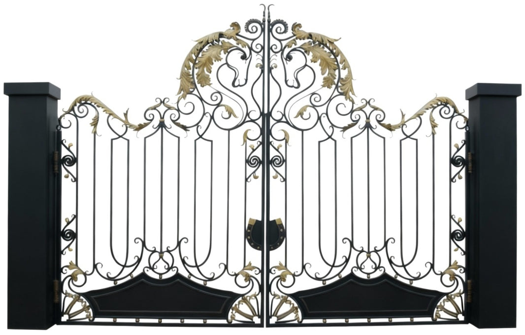 Grand Ornamental Wrought Iron Gate with Mythical Gold Detailing Model # DWG845