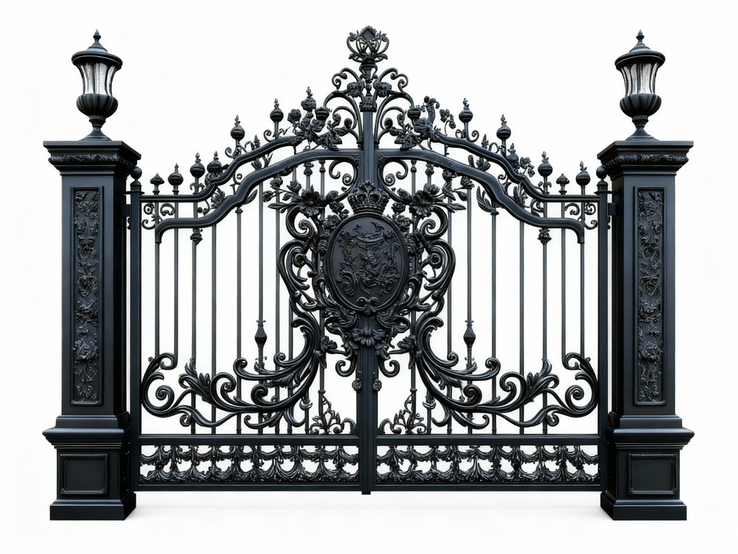 Crestline Sovereign – Ornate Wrought Iron Gate with Central Emblem & Scrollwork Model # DWG846