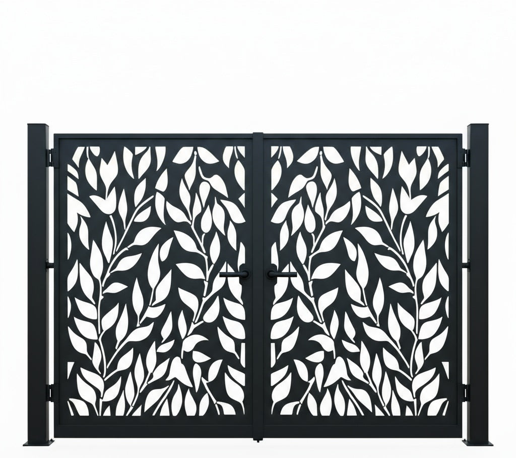 Leafveil Modern – Laser-Cut Metal Gate with Organic Pattern & Architectural Contrast Model # DWG847