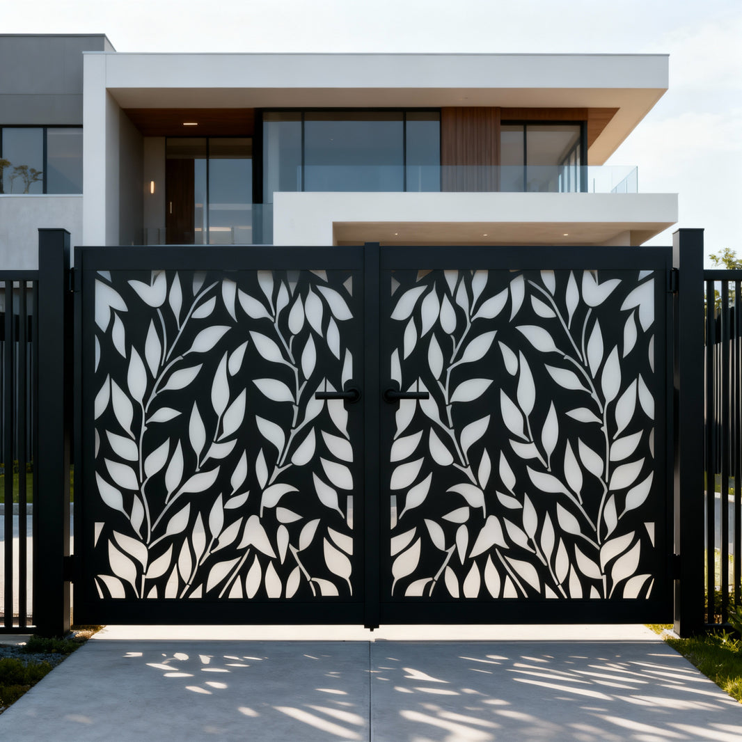 Leafveil Modern – Laser-Cut Metal Gate with Organic Pattern & Architectural Contrast Model # DWG847