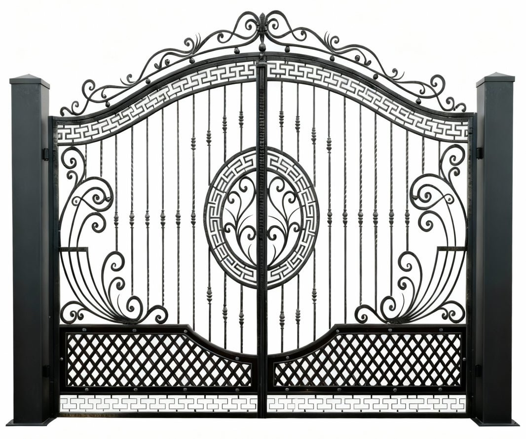 Keyspire Dominion – Wrought Iron Gate with Greek Key Crest & Lattice Base Model # DWG848