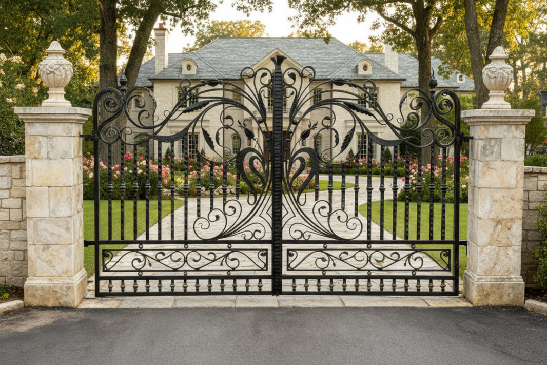 Urnspire Arbor – Wrought Iron Gate with Leaf Scroll Panels & Stone Pillar Urns Model # DWG849