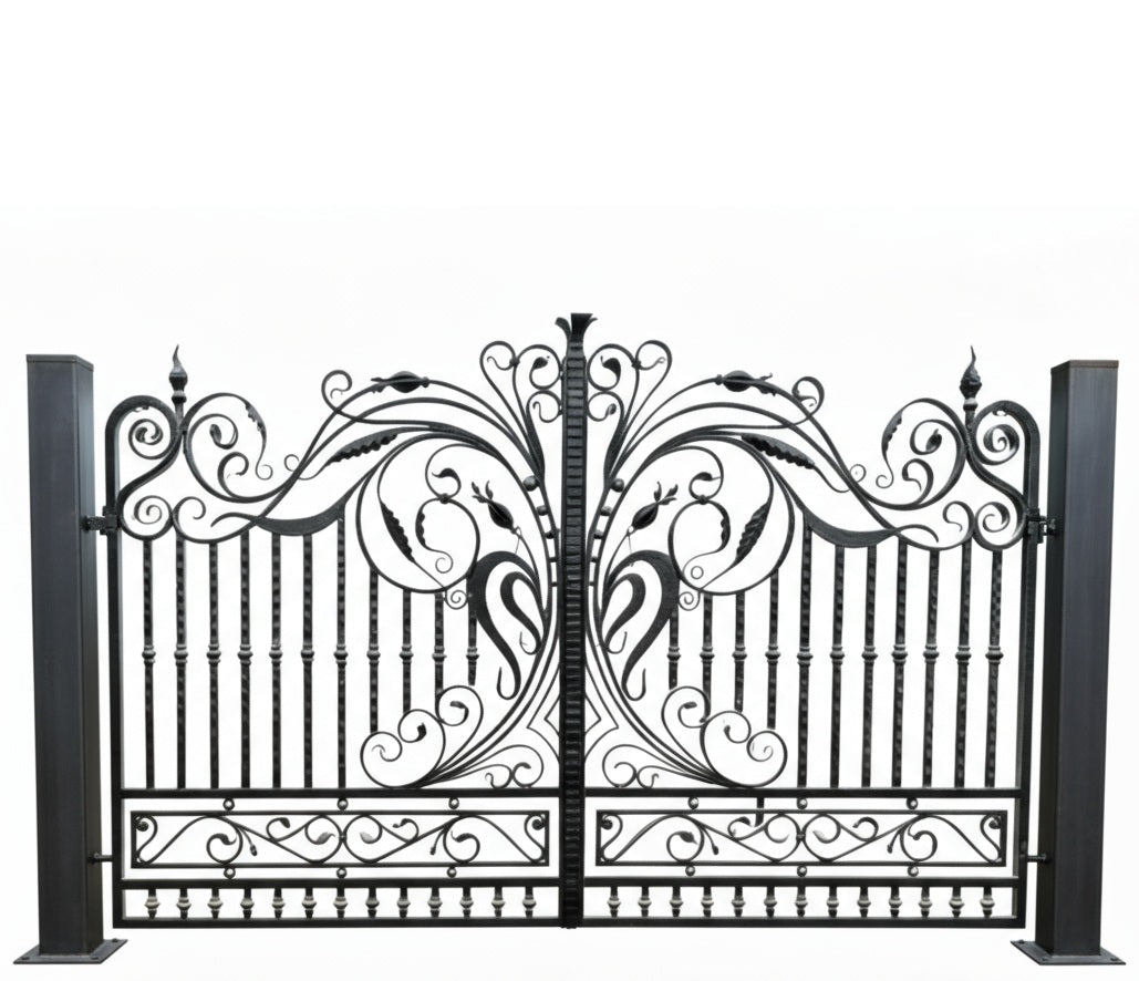 Urnspire Arbor – Wrought Iron Gate with Leaf Scroll Panels & Stone Pillar Urns Model # DWG849