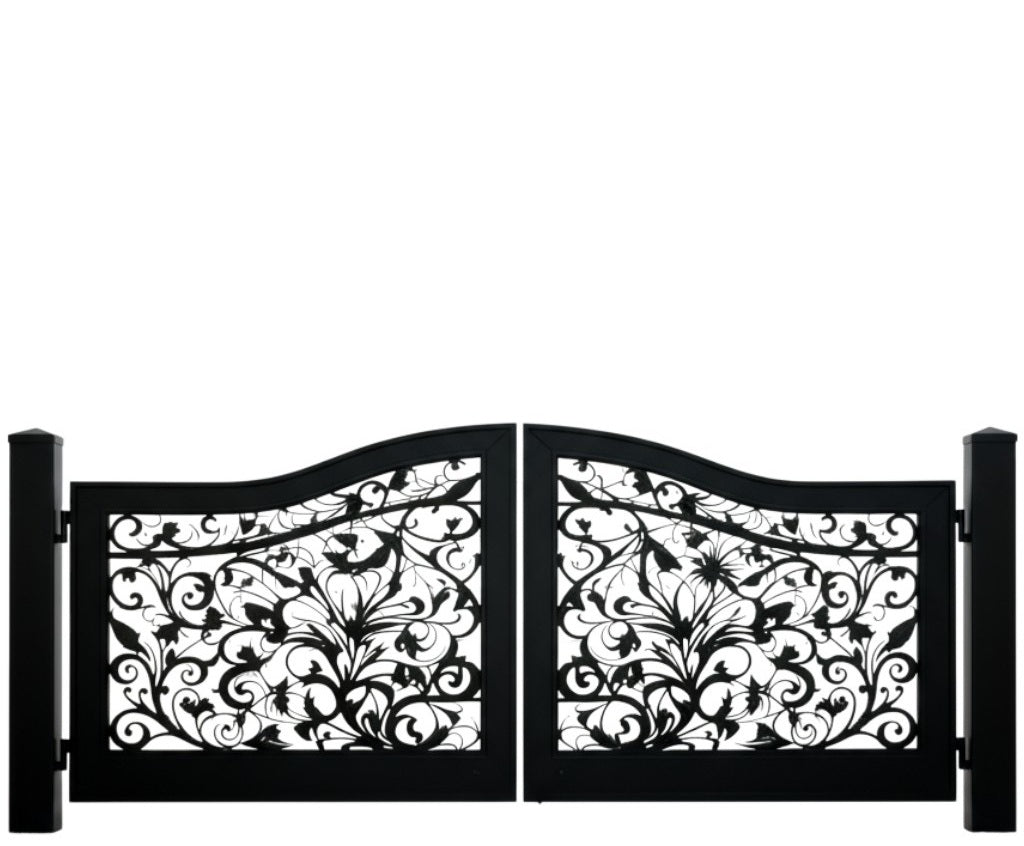 Flora curve Haven – Wrought Iron Gate with Leaf Scrolls & Arched Top Model # DWG850