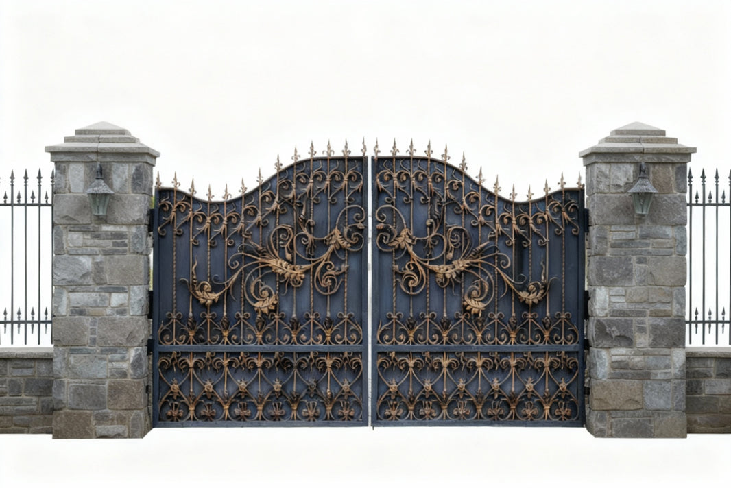 Gilded Fleur – Bronze-Accented Scrollwork Wrought Iron Driveway Gate Model # DWG852