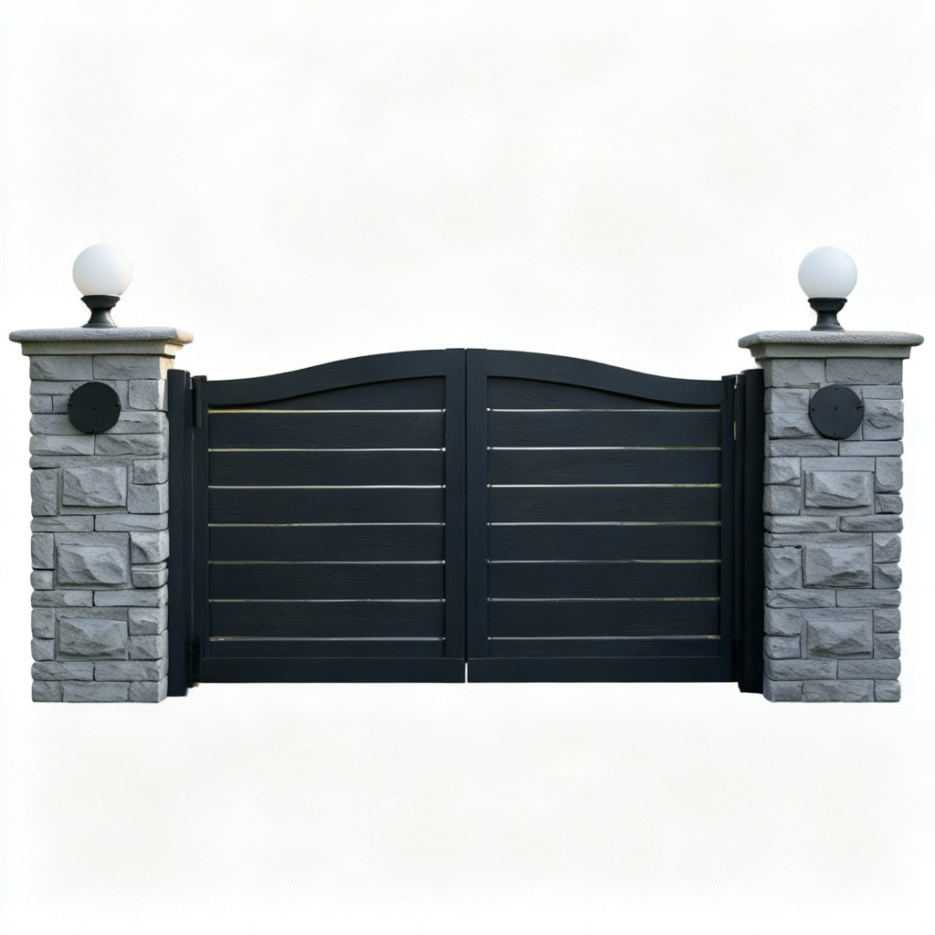 Vintara Crest – Arched Horizontal Slat Steel Driveway Gate Model # DWG854