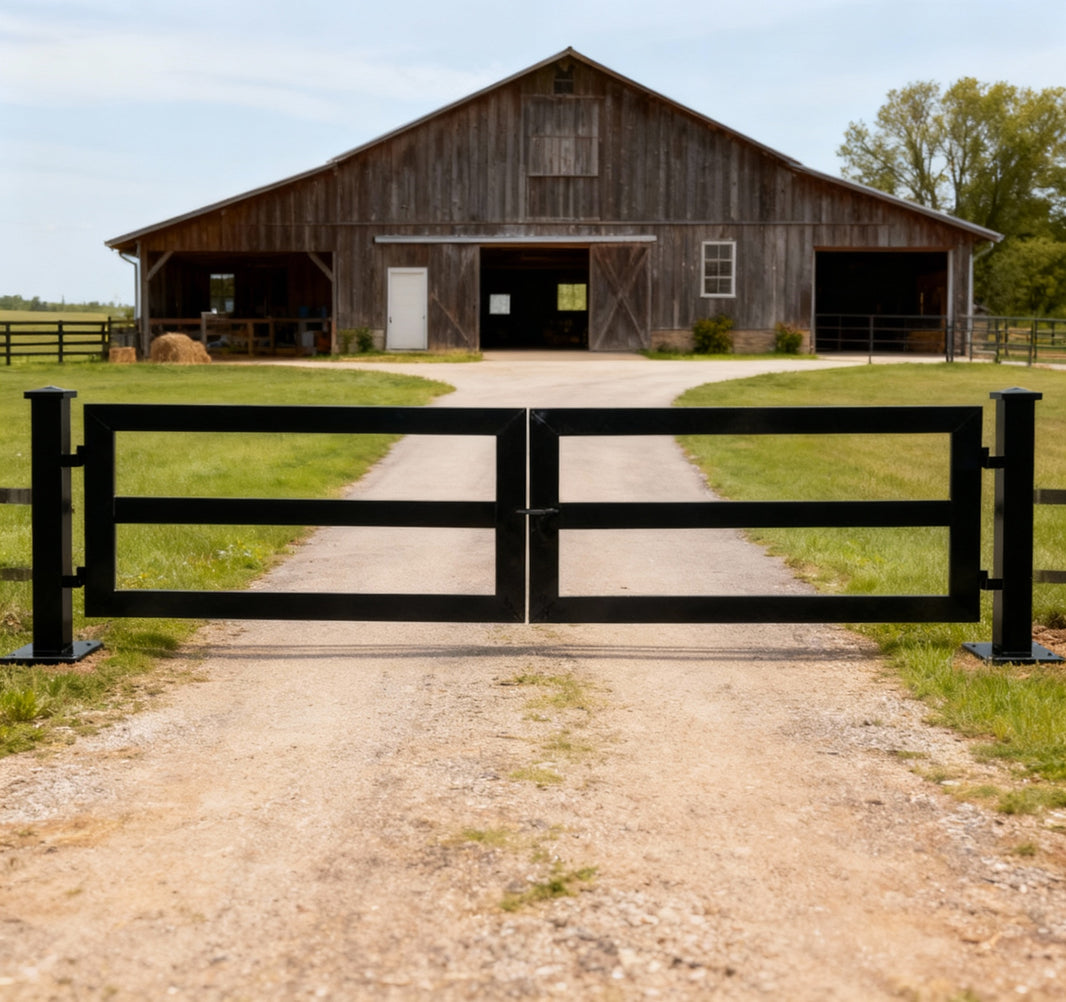 Gridline Axis – Rectangular Steel Gate with Dual Swing Panels & Base-Mounted Posts Model # DWG858