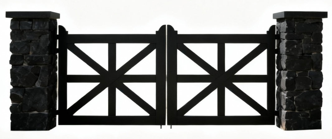 Crossmark Estate – X-Frame Steel Driveway Gate with Stone Pillars Model # DWG861