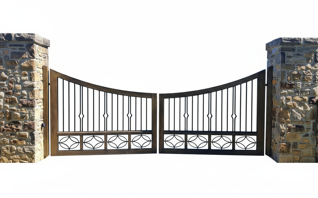 Stone veil Arch – Circular Motif Wrought Iron Driveway Gate Model # DWG864