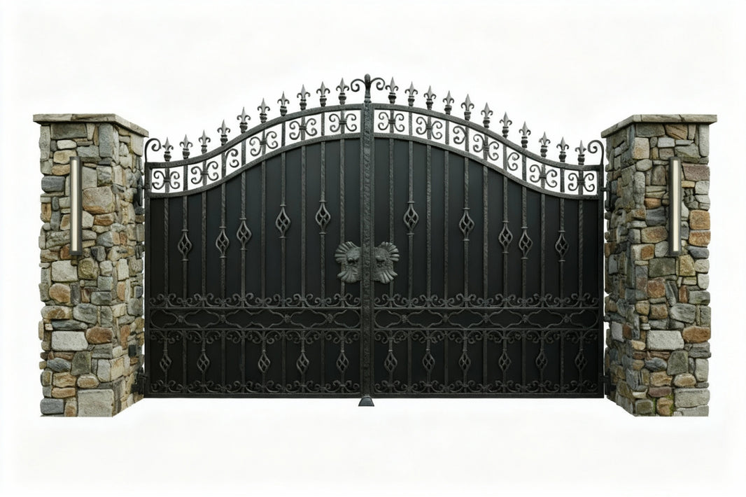Scrollcrest Bloom – Floral Scroll Wrought Iron Gate with Rustic Pillars Model # DWG876