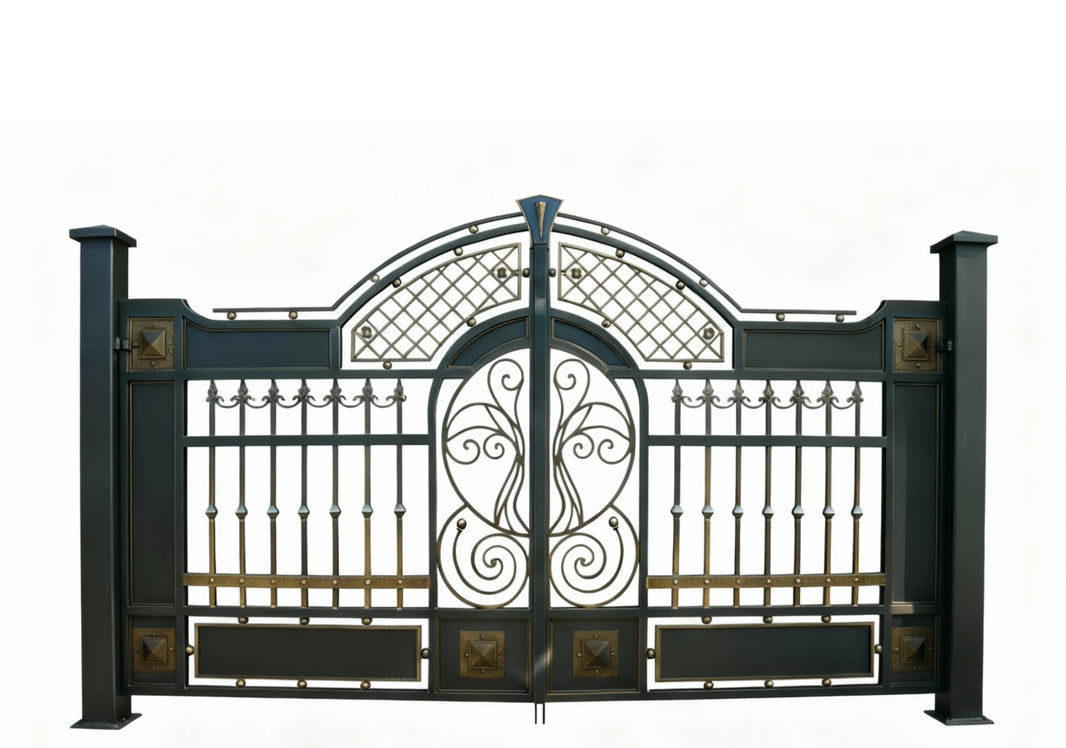 Gilded Lattice – Scroll & Panel Wrought Iron Gate with Gold Accents Model # DWG878