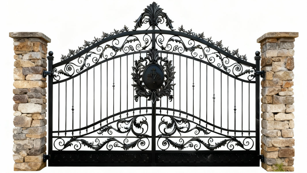 Fleur crest Dominion – Ornate Wrought Iron Gate with Fleur-de-Lis Emblem & Scrollwork Model # DWG880