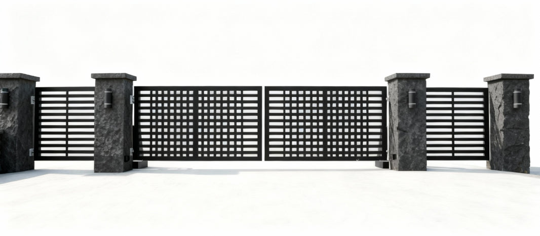 GridForm Axis – Modern Steel Driveway Gate with Geometric Paneling Model # DWG8866