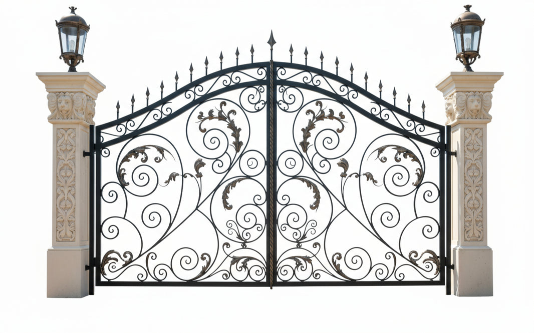 Iron leaf Elan – Decorative Scroll & Leaf Wrought Iron Gate with Lantern Pillars Model # DWG896