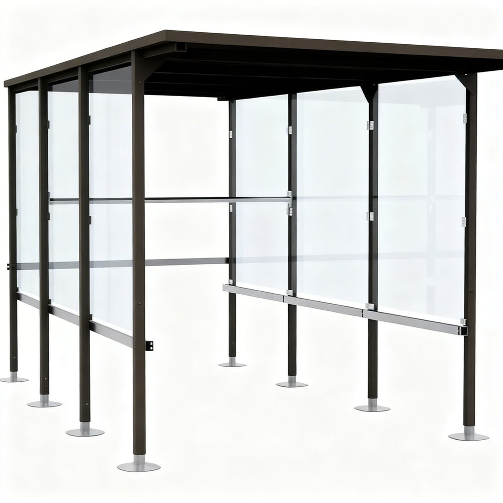 TAIMCO shopping cart shelter with flat roof and full glass side panels.