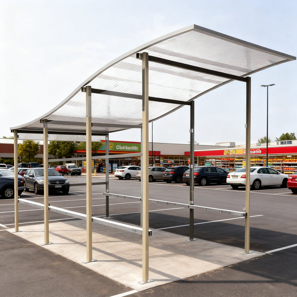 TAIMCO shopping cart shelter installed outdoors with curved polycarbonate roof and steel frame.