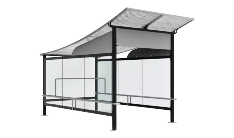 TAIMCO shopping cart shelter installed outdoors with wavy roof and glass side panels for retail cart storage.